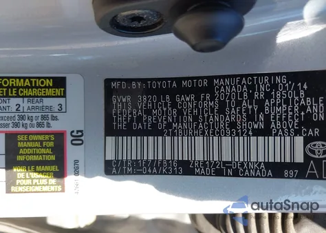 2014 Toyota Corolla Le z USA, uszkodzony, nr VIN 2T1BURHEXEC093124